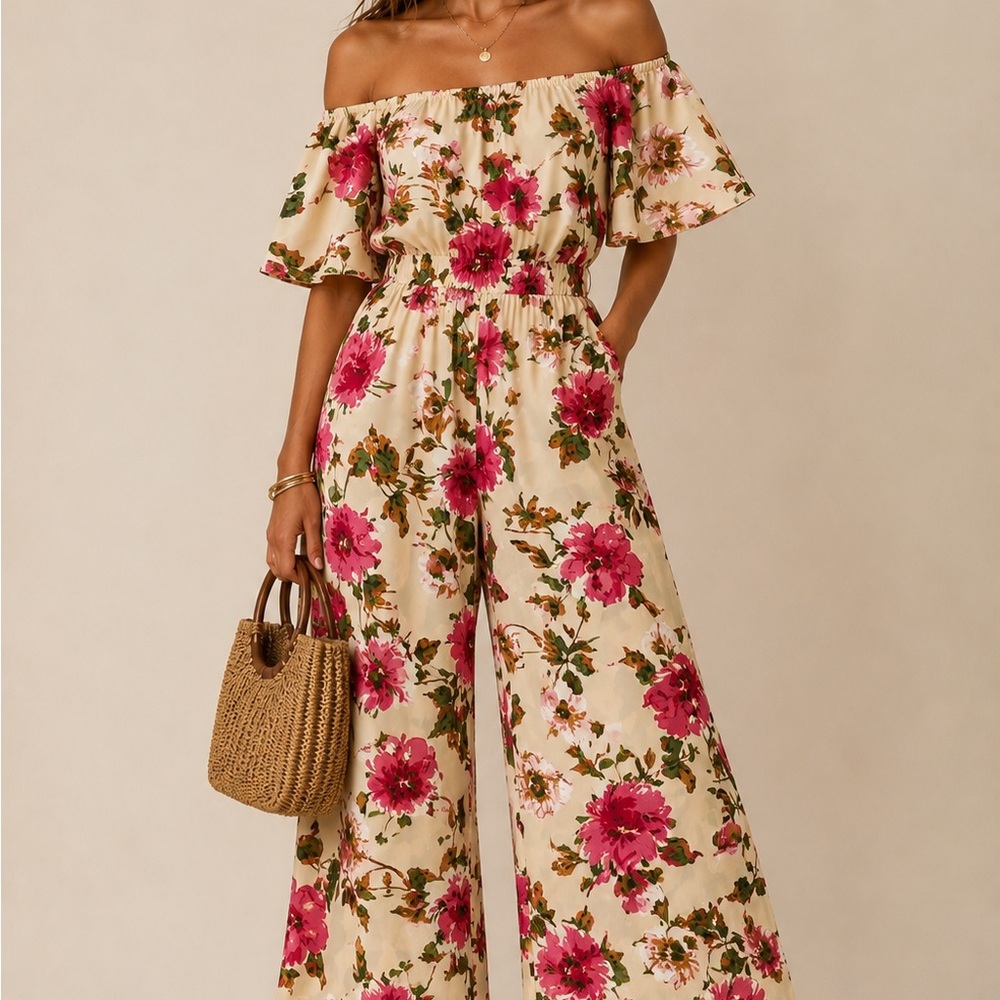 Off-Shoulder Floral Wide-Leg Jumpsuit in Cream and Pink